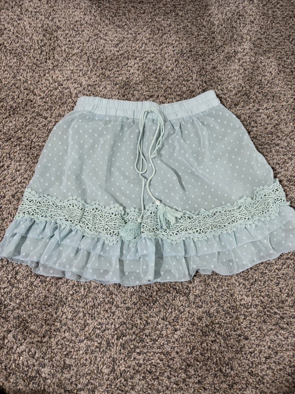 Light Mint Polka Dot Ruffle Mini Skirt with Lace Trim